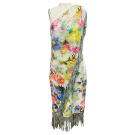 Robe de cocktail asymétrique Badgley Mischka vert multi pailletée avec détails à franges Vert