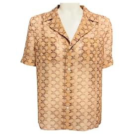 Céline Celine Tan Triomphe Monogram Logo Print Silk Georgette Pajama Shirt Camel