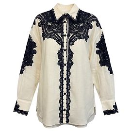 Zimmermann Leinenhemd Elfenbein / Marineblau mit Lorbeelbestickung Beige