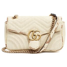 Gucci GG Marmont Bolsa de Ombro Raffia e Couro Bege