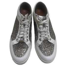 Jimmy Choo Ténis em couro branco com glitter Branco Metálico