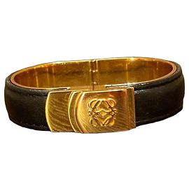Loewe Anagram Black Leather and Gold-Tone Bangle Bracelet Black Golden