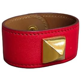 Hermès Collier de Chien Red Leather Bracelet with Gold Stud Red