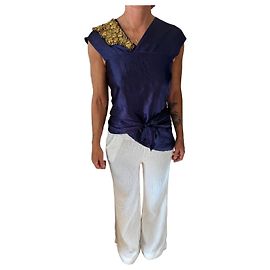 Dries Van Noten Top in seta blu navy decorato Blu