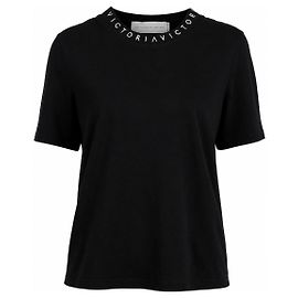 Victoria Beckham Camiseta de algodón negra con cuello logo Negro