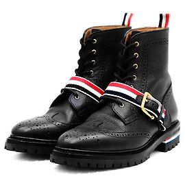Thom Browne Tricolor Belted Grain Leather Wingtip Boots Black