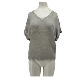 Vince Silver Knit V-neck Top Silvery