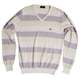 Autre Marque Sergio Tacchini V-Ausschnitt Pullover gestreift Roh Lila Hellbraun