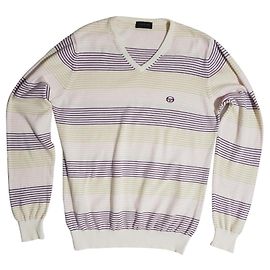 Autre Marque Sergio Tacchini Pull à col en V à rayures Écru Violet Marron clair