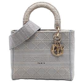Dior Gris Toile Cannage Lady D Lite Medium Marron Gris