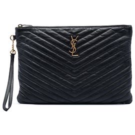 Pochette A4 con zip monogramma in pelle di vitello chevron nera Saint Laurent Nero