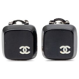 Chanel Black CC Resin Square Clip On Earrings Black