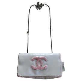 Bolsa de ombro Chanel em couro envernizado rosa e branco Rosa Branco