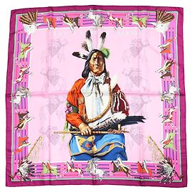 Lenço Hermès Pani La Shar Pawnee 90cm Seda Rosa Marrom Rosa Branco Vermelho Azul Dourado Verde Roxo