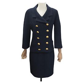 NEW CHANEL JACKET SKIRT SUIT DOUBLE BREASTED CC LOGO S 36 TWEED BLUE Navy blue