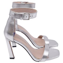 Stuart Weitzman Square Nudist Ankle Strap Sandal s in Silver Leather Silvery Metallic