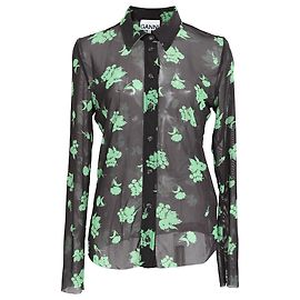 Ganni Printed Button-Down Mesh Shirt in Black Polyamide Black