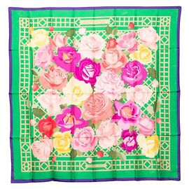 Hermès Hermes Carre 90 ROSERAIE Rose Garden Lenço Multicor Verde