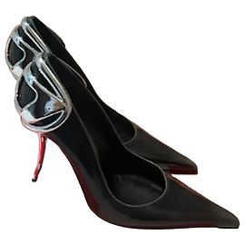 Diesel Black Leather Pointed Toe Heels with Silver Hardware Black