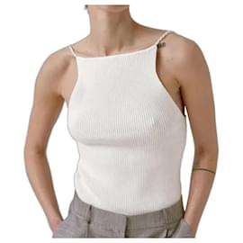 Musier White Ribbed Tank Top with Pearl Straps