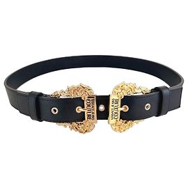 Versace Jeans Couture Ceinture Cuir Noire Boucle Baroque Dorée - Taille 75 Noir Doré