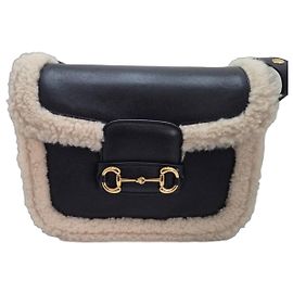 Gucci Horsebit 1955 Bolsa de Ombro Couro Preto e Shearling Preto Bege