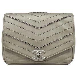 Chanel Silver Small Chevron Calfskin Embellished Data Center Envelope Flap Silvery