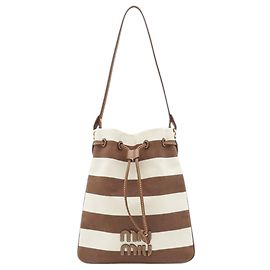 Miu Miu Brown Striped Canvas Logo Drawstring Handbag Brown