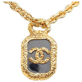 Colar de pingente com corrente e placa de logotipo Chanel Coco Mark Preto Dourado