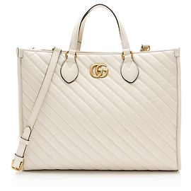 Gucci Diagonal Matelasse Leather GG Marmont Tote White