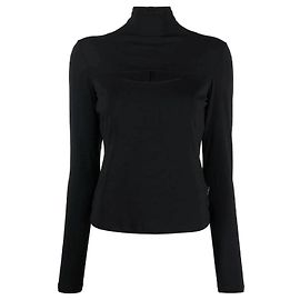 Versace Y2K schwarzer Stretch-Rollkragenpullover mit Cut-Out am Brust Schwarz