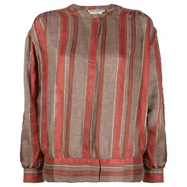Camicetta Giorgio Armani in lino marrone anni '80 con strisce rosse e spalline Marrone