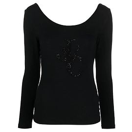 Versace Y2K schwarzer Viskose-Pullover mit besticktem Kristall-Logo Schwarz