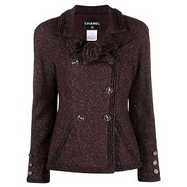 Chanel 2008 Bordeaux Lurex Double-Breasted Jacket with Camellia Brooches Red Dark red