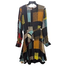 Preen by Thornton Bregazzi Vestido de seda estampa patchwork Marrom Preto Vermelho Azul Multicor Verde Amarelo