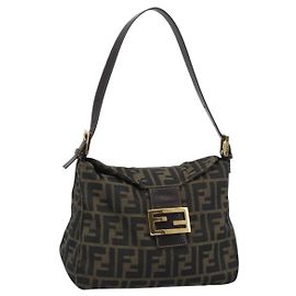 FENDI Zucca Canvas Mamma Baguette Shoulder Bag Black Brown Auth 183031V Marron Noir