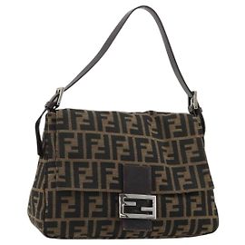 FENDI Zucca Canvas Mamma Baguette Shoulder Bag Black Brown Auth 182590M Brown Black