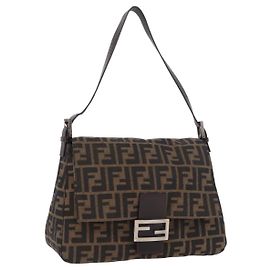 FENDI Zucca Canvas Mamma Baguette Shoulder Bag Black Brown Silver Auth am11783V Marron Noir Argenté