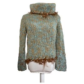 Suéter vintage Escada de lã com acabamento em pele Aqua Beige M Turquesa