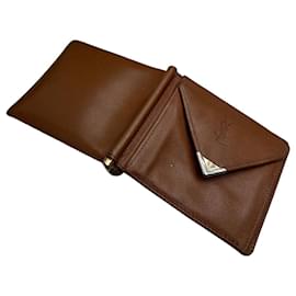 Yves Saint Laurent Portefeuille en cuir grainé vintage Saint Laurent Marron Or Marron