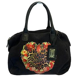 Just Cavalli Borsa Tote in Tela Nera Cuore Floreale Nero