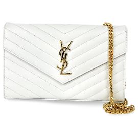 Saint Laurent Classic Monogram Flap Wallet Matelasse Chevron Leather Large White