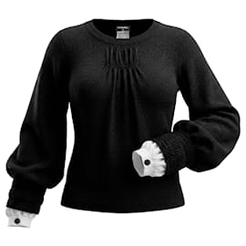 Chanel Strickpullover Schwarz mit Seidenvolant-Bündchen Schwarz Weiß