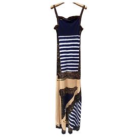 Jean Paul Gaultier Vestido Largo a Rayas Castaño Blanco Azul