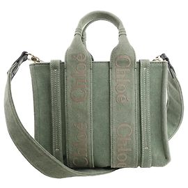 Bolsa de mão 2Way em lona Chloé Woody Small verde Bege