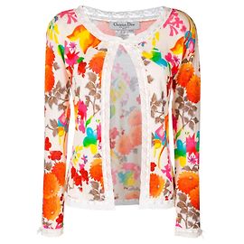 Christian Dior Strickjacke mit Blumenmuster und Spitze Weiß Mehrfarben