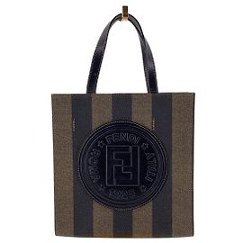 Fendi Vintage Mini Pequin Striped Canvas Tote Bag with Logo Patch Brown