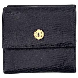 Chanel Vintage Black Leather Double Compact Coco Wallet Black