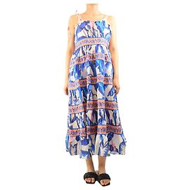 Farm Rio Blaues Midi-Kleid mit Blumenmuster und Volants - Größe S Blau