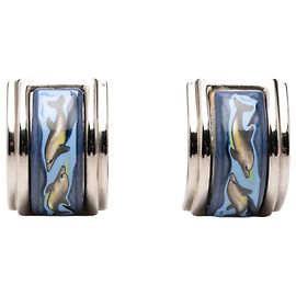 Brincos de pressão Dauphin em esmalte azul e Cloisonné Sea Hermès Azul